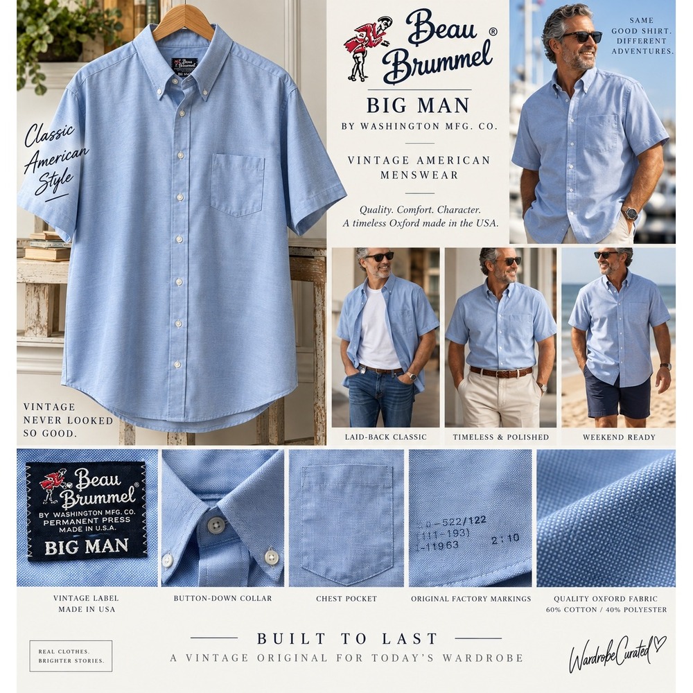Vintage Beau Brummel Big Man Blue Oxford Shirt Short Sleeve Size 18 USA Made